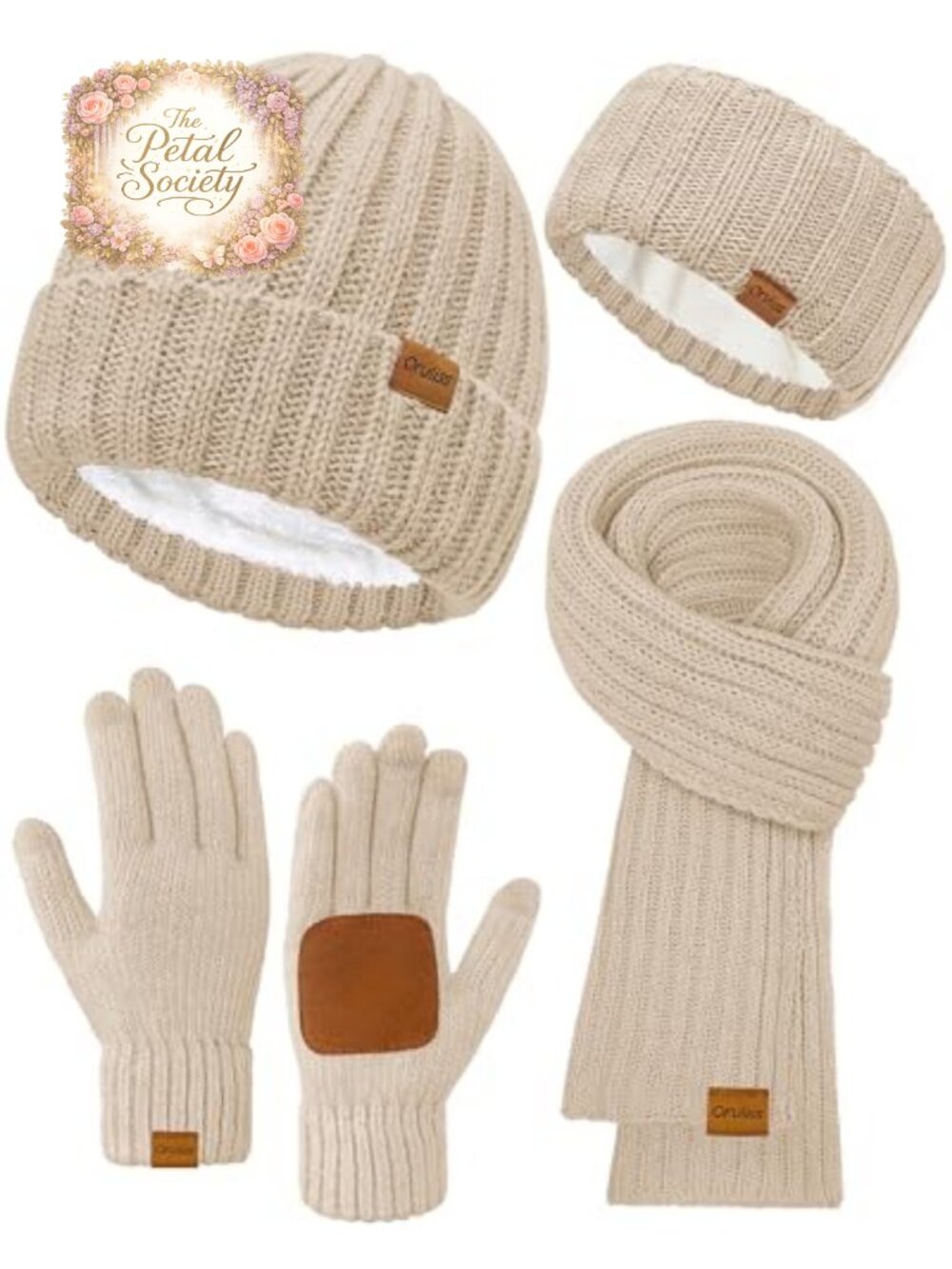 Fleece Lined Beanie Hat Ear Warmer Scarf Touchscreen Gloves 4 Piece Winter Set